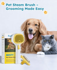 Furgo Misty Pet Steam Brush for cats and dogs, shown with its two detachable heads for long and short fur, and magnetic charging cable.