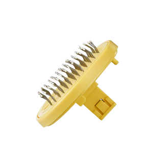 The two detachable, self-cleaning brush heads of the Furgo grooming brush: one designed for long-haired dogs and the other for short-haired cats.