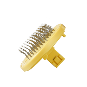(Keep current) The two detachable, self-cleaning brush heads of the Furgo grooming brush: one designed for long-haired dogs and the other for short-haired cats.