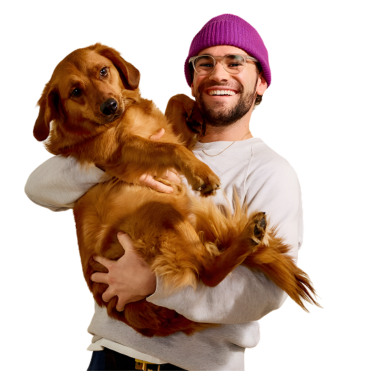 A smiling photo of customer Noah and his Golden Retriever, satisfied users of the Furgo steam brush for controlling shedding and daily grooming.