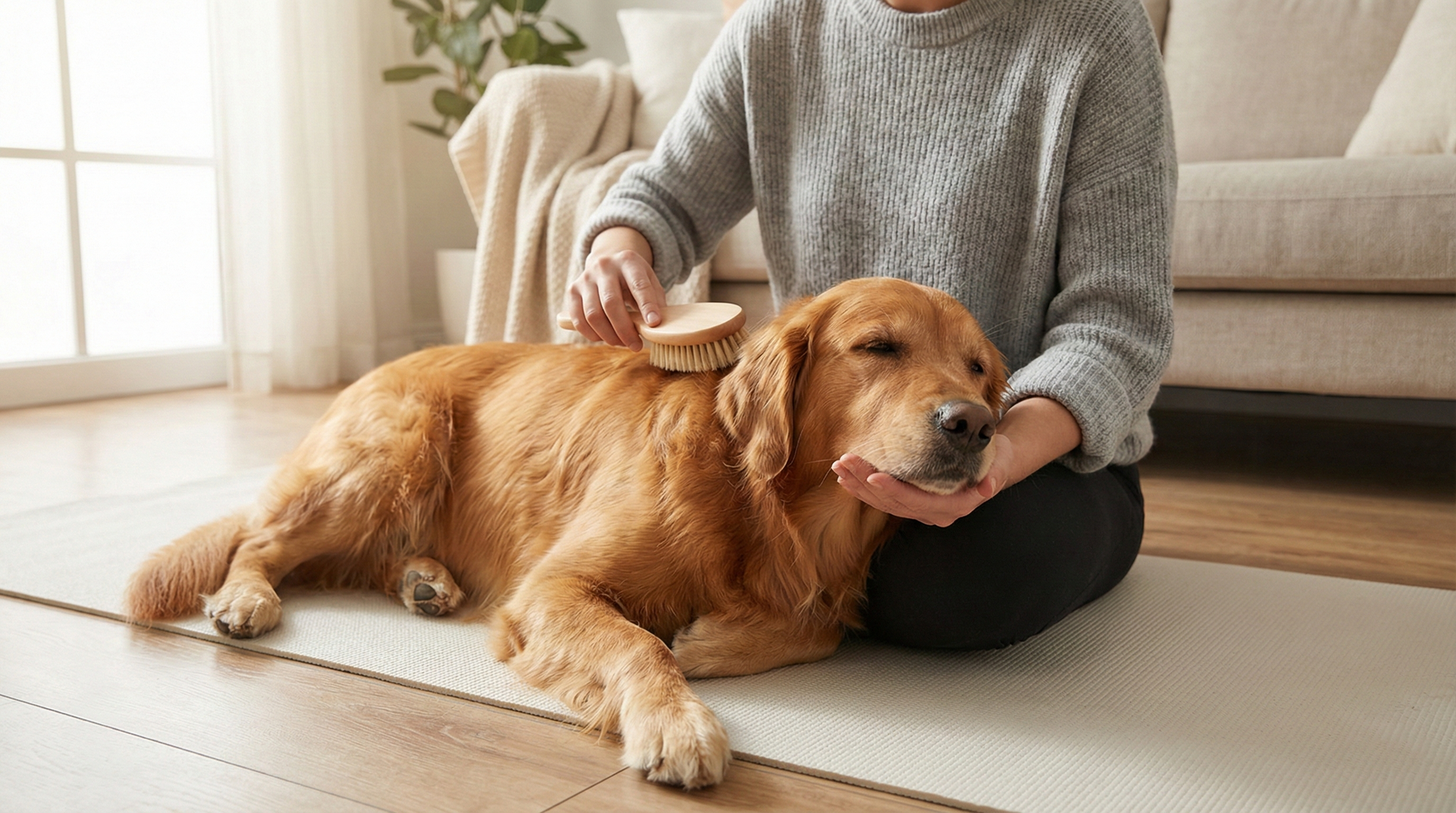 Stress-free brushing ritual with a calm dog on a non-slip mat