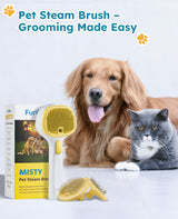 The Furgo Misty Pet Steam Brush for cats and dogs, featuring ultrasonic mist technology and an ergonomic green and white design.	